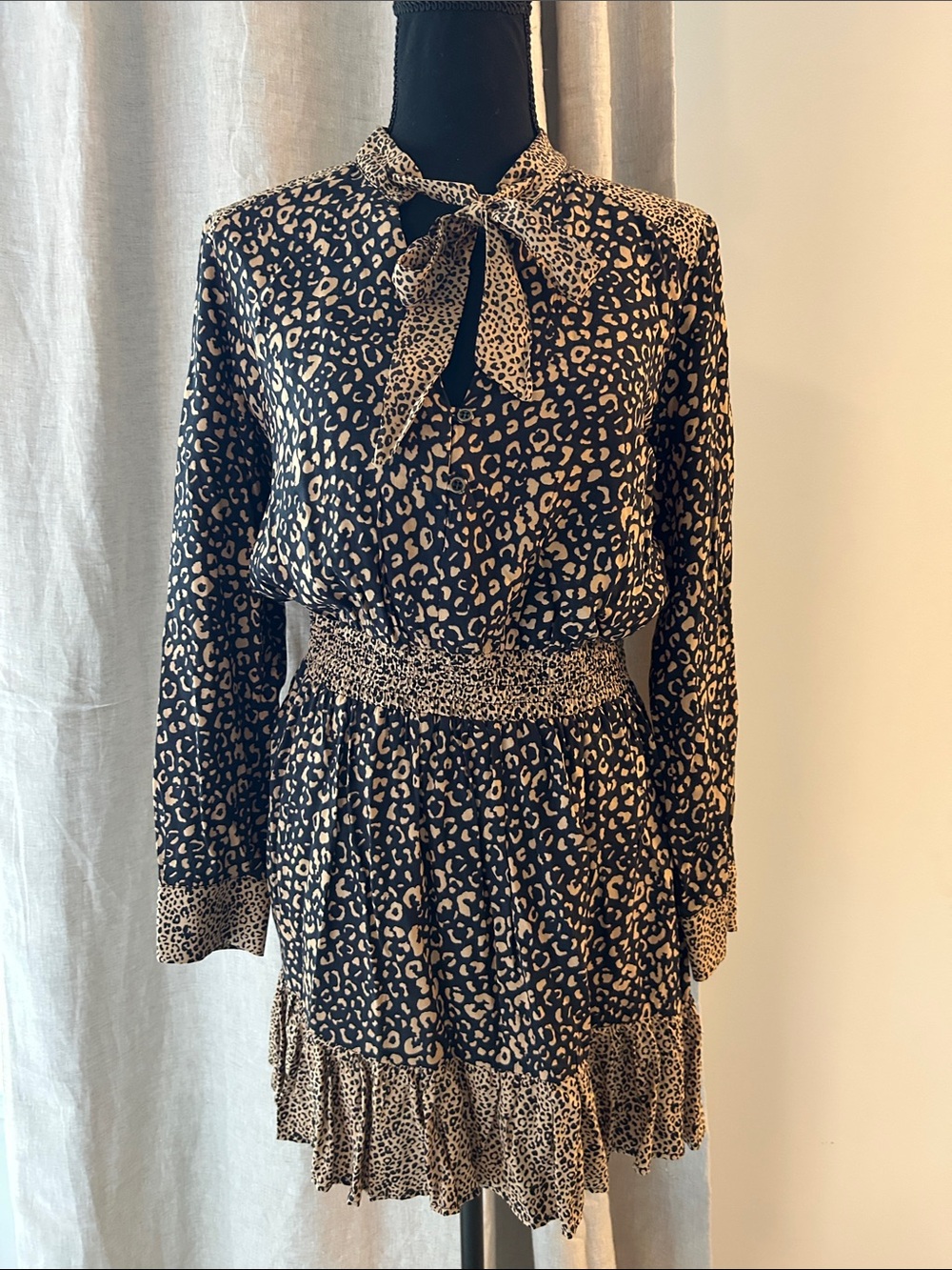 Zara Black and Tan Leopard-Print Tie-Neck Long Sleeve Dress